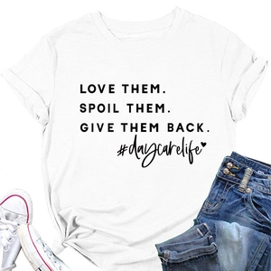 Flat lay of a white crew neck cotton T-shirt featuring funny black typography design