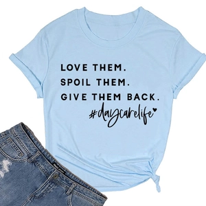 Flat lay of light blue cotton T-shirt with black text print and rolled sleeves detail