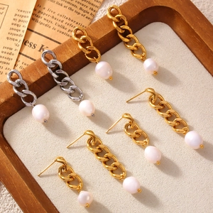 Minimalist gold and silver chain drop earrings with round freshwater pearl pendants