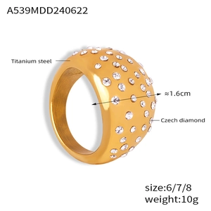 Detail showing 1.6cm wide gold titanium steel ring set with sparkling Czech diamonds