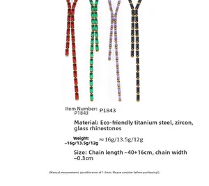 Detail view of colorful zircon Y-necklaces in titanium steel showing length and material info