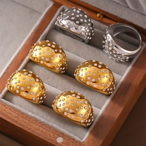 Wide Dome Ring Titanium Steel Inlaid With Rhinestones Geometric 18K Gold Plated Elegant Jewelry Women