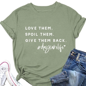 Detailed flat lay of a sage green crew neck cotton t-shirt with white slogan print