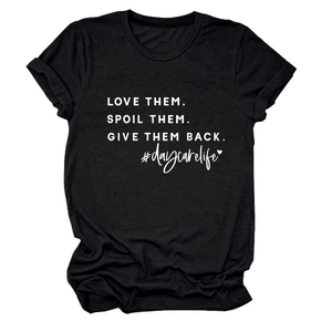 Detail of white slogan print on black crew neck cotton T-shirt for casual wear