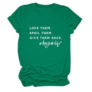 Detail of dark green cotton T-shirt with white slogan print and rolled sleeve cuffs
