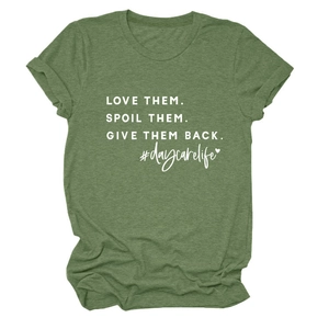 Detail of army green crewneck T-shirt with LOVE THEM SPOIL THEM slogan and rolled sleeves