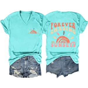 Back and front view of V-neck T-shirt with Forever Chasing Sunsets graphic and denim shorts