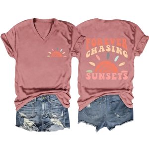 Detail of V-neck T-shirt with Sunset print and Forever Chasing Sunsets text design