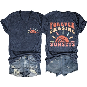 Detailed front and back view of V-neck T-shirt with Forever Chasing Sunsets print