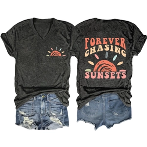 Front and back view of V-neck T-shirt with Forever Chasing Sunsets print and denim shorts