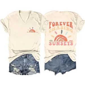 Women Casual V-Neck Cotton Blend Short Sleeve T-Shirt Vintage Sun Print Loose Summer Top Forever Chasing Sunsets Graphic Tee