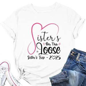 Detail of Sisters On The Loose 2025 graphic print on white cotton T-shirt for travel