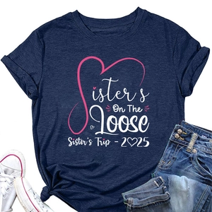 Detailed view of navy crew neck T-shirt with Sisters On The Loose print and heart graphic