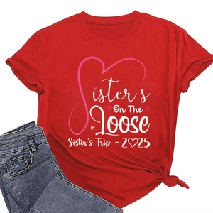 Detail of red Sister's On The Loose cotton t-shirt with 2025 graphic print and heart icon