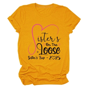 Detail of Sisters On The Loose print on a yellow crew neck cotton casual t-shirt