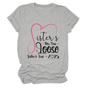 Flat lay of gray cotton T-shirt featuring Sister's On The Loose 2025 print detail