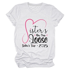 Detail of Sisters On The Loose 2025 print on white cotton crew neck t-shirt