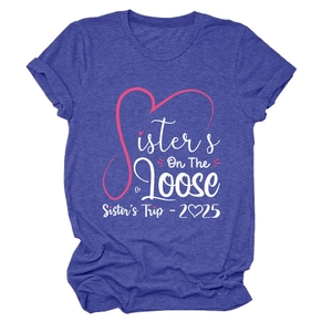 Close-up of Sister's Trip 2025 graphic print on blue-purple knit cotton T-shirt