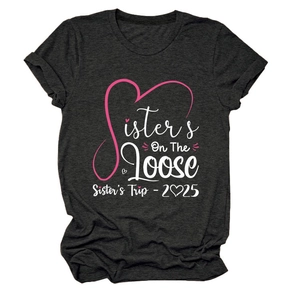Close-up of Sister's On The Loose print on dark gray heathered short sleeve t-shirt