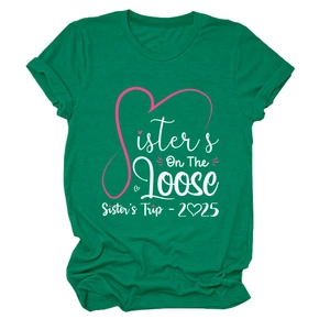Detail of Sisters On The Loose print on a dark green crew neck cotton t-shirt