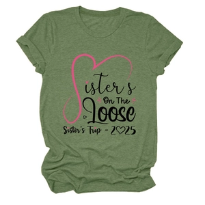 Detail of army green crewneck t-shirt with Sisters On The Loose 2025 print design