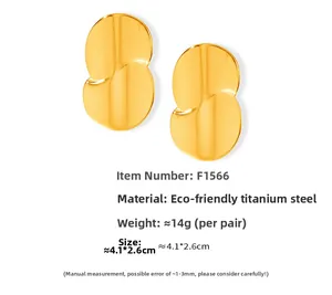 Detailed size and material specs for gold waterdrop curved titanium steel earrings