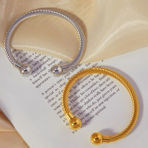 Vintage Twist Cable Cuff Bracelet Women Titanium Steel Open Adjustable Bangle Spiral Round Ball Ends Gold Plated Jewelry