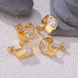 Hepburn style geometric 18K gold plated earrings with square cut crystal diamonds