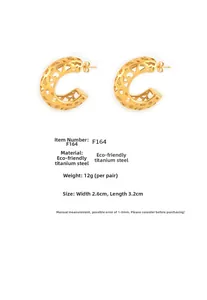 Detailed specs for gold 18K plated hollow C-shape earrings made of durable titanium steel