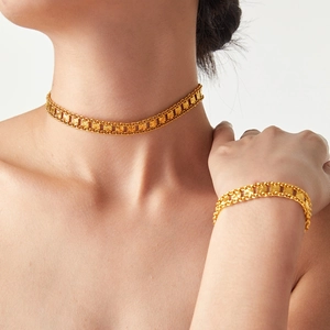 French vintage gold plated geometric square necklace and bracelet jewelry set for women