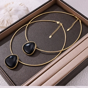 18k gold plated stainless steel snake chain necklace with black onyx triangle pendant