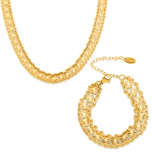 Gold plated stainless steel jewelry set featuring starburst engraved square pendants
