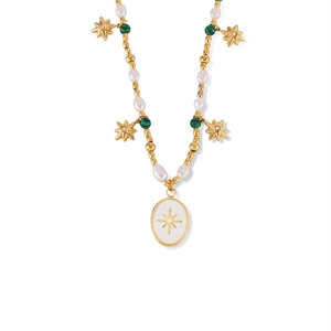 Malachite and freshwater pearl necklace with gold star pendants on white background