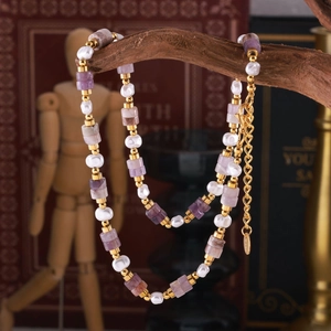 Collier Künstliche Perles Améthyste Violette Imitation Künstliche Perle Blanche Acier Titane Bijoux Dorés Vintage Bohème Pour Femmes