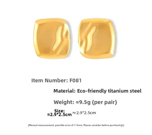 Detail view of 18k gold plated titanium steel square earrings with pleated texture