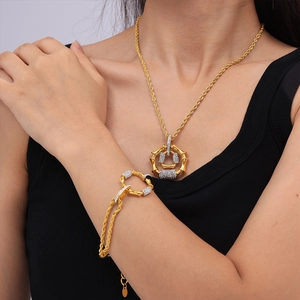 Vintage 18k gold plated bamboo link necklace and bracelet set with crystal inlay