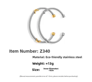 Detail view of twisted steel wire open bracelets showing 13g weight and 6cm diameter size