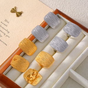 Square Water Ripple Jewelry Stainless Steel Gold Plated Geometric Earrings And Adjustable Ring Women Exaggerated Fashion