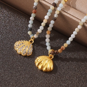 Shell Pendant Necklace Titanium Steel 18K Gold Plated Natural Stone Beaded Double Layer Bohemian Summer Jewelry Women