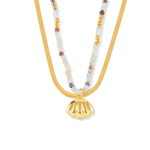 Double-layered 18k gold-plated snake chain necklace with colorful beads and shell pendant