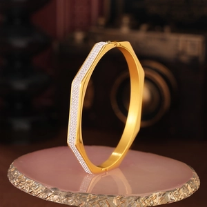 Geometric Octagon Bangle Bracelet Stainless Steel Gold Plated Rhinestone Inlay Minimalist Sparkly Fashion Jewelry Women
