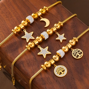 Bracelet À Charms Arbre De Vie Étoile Lune Acier Titane Plaqué Or Strass Chaîne Serpent Bijoux Mode Femmes