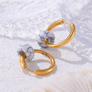Geometric Hoop Earrings With Natural Stone Beads Titanium Steel 18K Gold Plated Minimalism Jewelry For Women