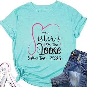 Women Casual Cotton Blend T-Shirt Sisters On The Loose Sister Trip Letter Print Round Neck Short Sleeve Loose Fit Top