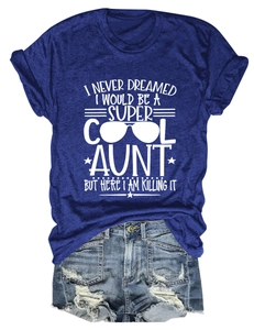 Detail of navy blue crew neck T-shirt featuring 'Super Cool Aunt' slogan print design