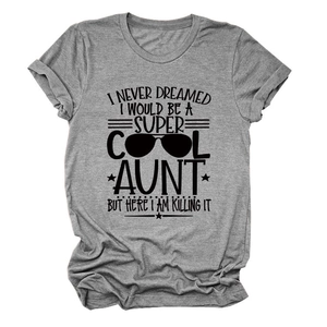 Detail of grey crewneck T-shirt showing soft fabric texture and family-themed graphic print