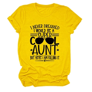 Close-up of creative slogan print on yellow cotton crew neck T-shirt for women
