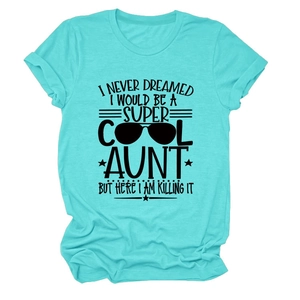 Detail of light blue cotton T-shirt featuring 'AUNT' graphic print and crew neck