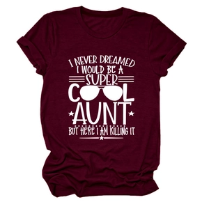 Detail of printed text on burgundy short sleeve t-shirt for aunts in flat lay view