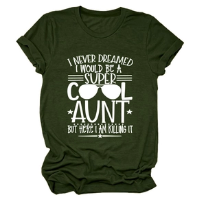 Flat lay of army green cotton t-shirt with cool aunt slogan and sunglass graphic